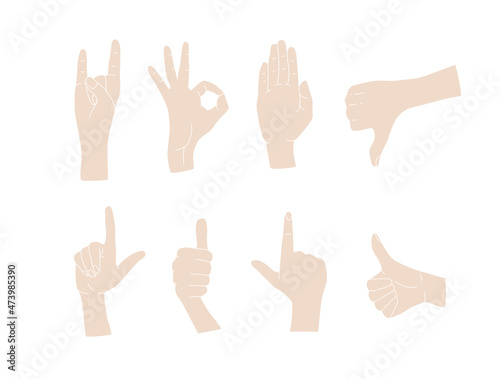 Gesture of hands. Colored hand gestures. Isolated flat vector.