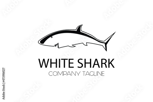 White Shark with fin and sharp teeth silhouette for vintage retro rustic diving and water adventure logo design vector