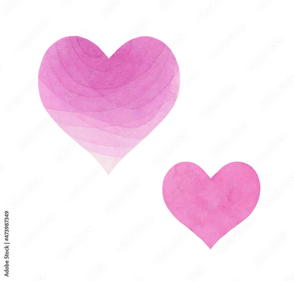 Beautiful delicate watercolor pink hearts with gradient. Love symbol illustration with hand painted texture. Artistic isolated clipart, design element. Wedding, Valentine's day, romantic greeting card