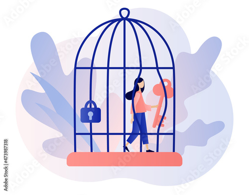 Freedom concept. Tiny woman step out of cage. Сomfort zone metaphor. Inner prison. Personal development. Mind prison psychological. Modern flat cartoon style. Vector illustration on white background