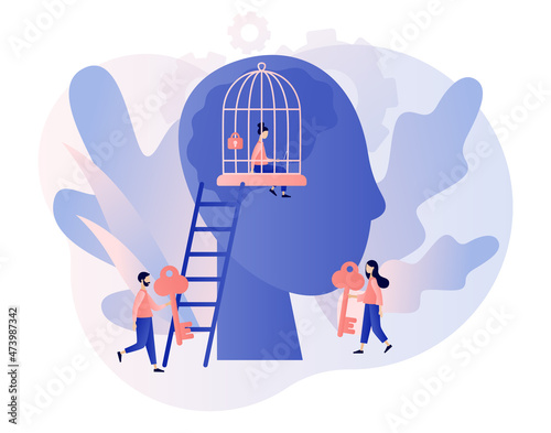 Freedom concept. Tiny woman in cage mind. Psychological prison. Сomfort zone metaphor. Inner prison. Personal development. Modern flat cartoon style. Vector illustration on white background