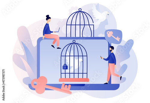 Freedom concept. Mind prison psychological.  Bird fly out of cage as step out of inner prison metaphor. Сomfort zone. Personal development. Modern flat cartoon style. Vector illustration on white back