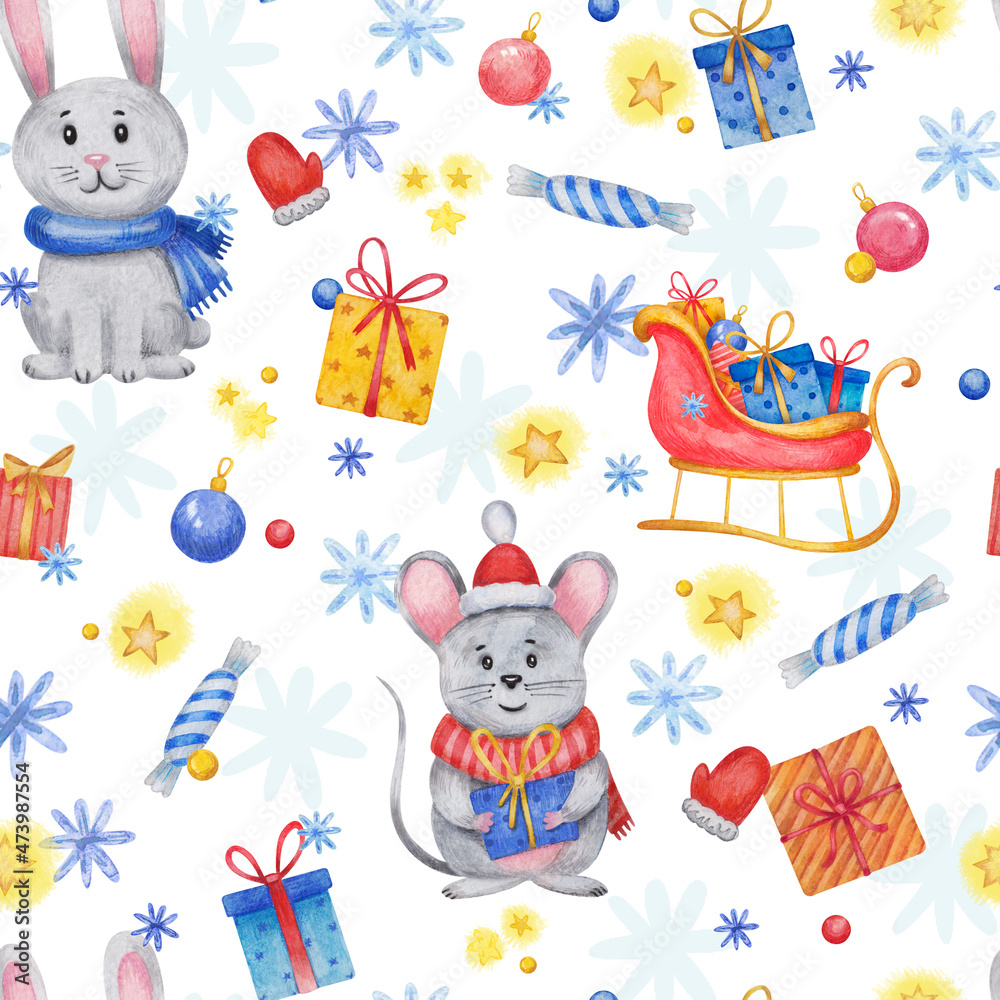 Watercolor New Year seamless pattern with a mouse, a hare and a Christmas sleigh with gifts. Hand-drawn picture
