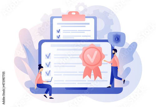 Quality guarantee. Quality check and control. Tiny people choice premium product online. Evaluation, expertise and inspection for errors. Modern flat cartoon style. Vector illustration 