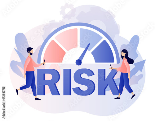 Risk management. Risk assessment. Business and investment concept. Risk big text and levels knob. Tiny people review, evaluate, analysis risk. Modern flat cartoon style. Vector illustration
