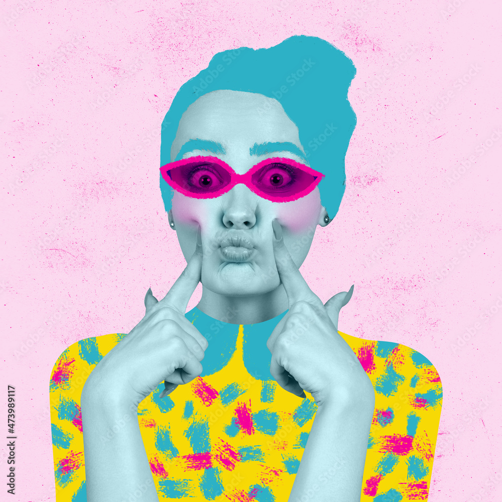 Naklejka premium Young beautiful girl wearing digital eyewear and bright outfit. Contemporary colorful and conceptual bright art collage.