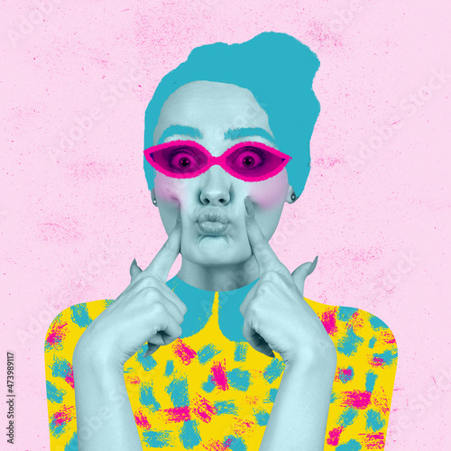 Young beautiful girl wearing digital eyewear and bright outfit. Contemporary colorful and conceptual bright art collage.