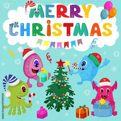 Cute Christmas Monsters Vector Card