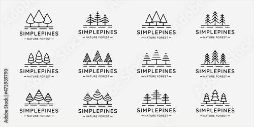set of pines tree logo line art simple vector illustration template icon graphic design. bundle collection of various minimalist shape pine symbol of nature