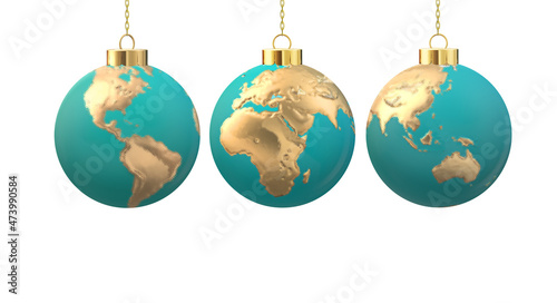 International Christmas greeting. Hanging turquoise 3D balls baubles with symbol of globe planet sphere of Europe Asia America isolated on white. Corporate greeting holiday festive template. 3D render
