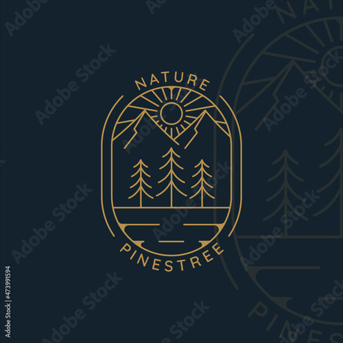 pines tree logo line art simple minimalist template icon graphic design. pine symbol of nature with badge and typography