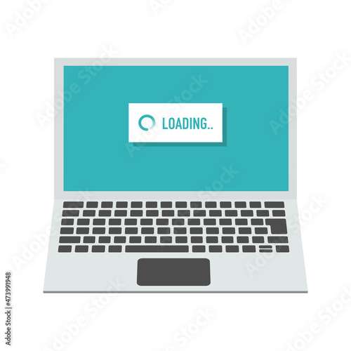 ローディング画面を表示するノートパソコン アイソメトリック ベクターイラスト  正面向き