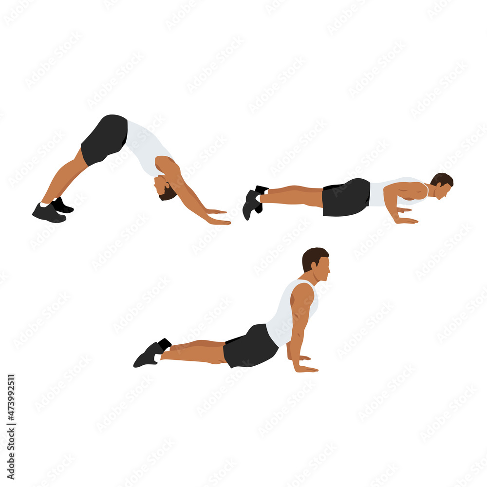 Hindu. Judo push ups. Dive bombers exercise. Flat vector illustration isolated on white background. workout character set Hindu. Judo push ups. Dive bombers exercise. Flat vector illustration isolated on white background. workout character set