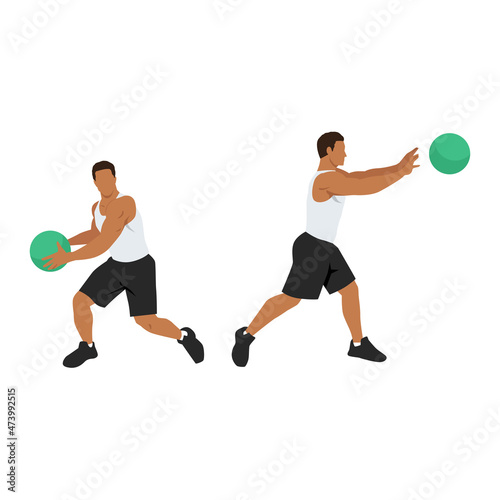 Medicine ball rotational passes exercise. Flat vector illustration isolated on white background. workout character set