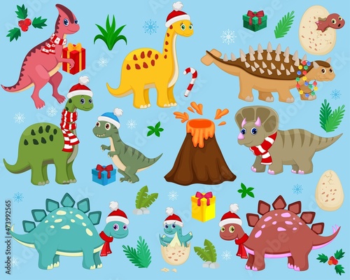 Cute Christmas Dinosaurs Vector Set © brigadau