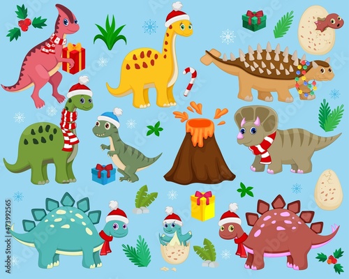 Cute Christmas Dinosaurs Vector Set