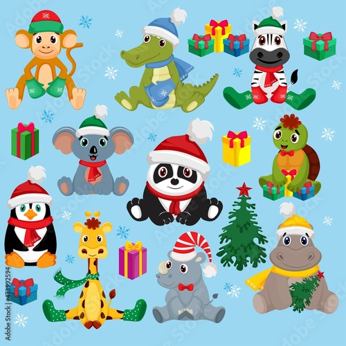 Cute Christmas Jungle Animals Vector Set