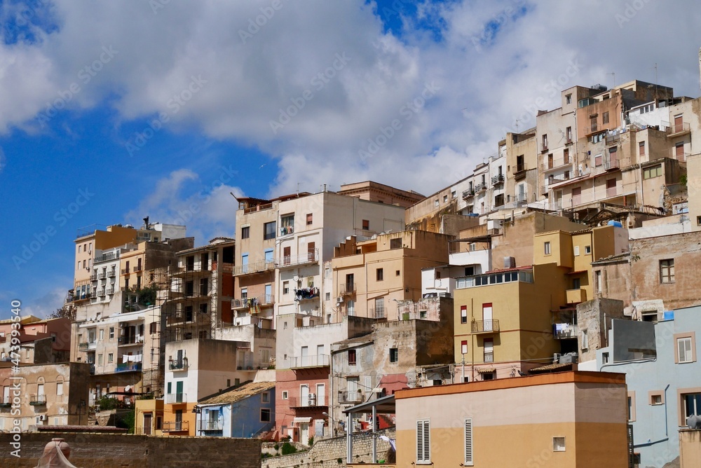 Panorama view of colorful houses in old town of Sciacca, Sicily, Italy.