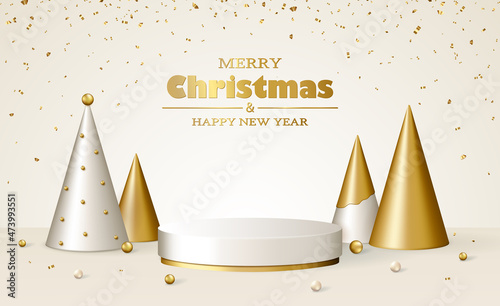 Christmas 3d scene with red and gold podium platform, Christmas fir trees and balls, confetti.