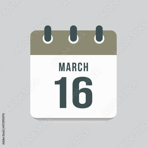 Icon day date 16 March, template calendar page