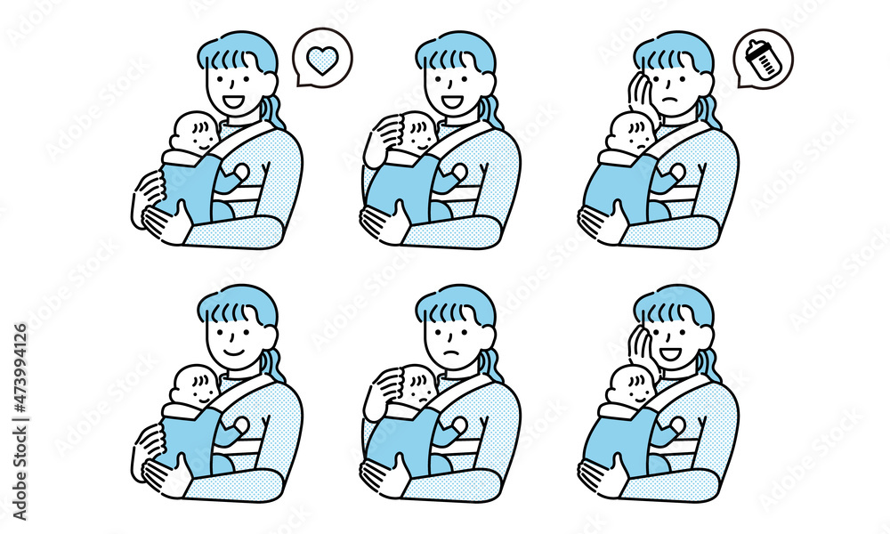 Fototapeta premium 赤ちゃんを抱っこ紐に入れて抱っこする様々な表情のお母さんのイラスト