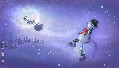 Snowman sees off Santa's magic sleigh with reindeer flying at night over fairy forest and huge moon. Merry Christmas background. Toning in Very Peri color, trendy creative design in color of 2022.