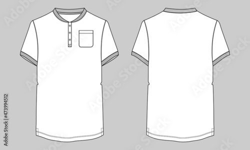 Short sleeve with round style bottom and pocket basic t shirt technical fashion flat sketch vector template. Cotton jersey apparel design mock up front, back Views. Men unisex cad.
