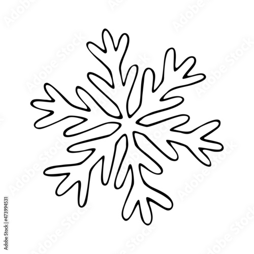 Thin line doodle snowflake. Ice crystal hand drawn. Vector of frosty pattern. Winter snow ornament. Christmas illustration isolated on white background.