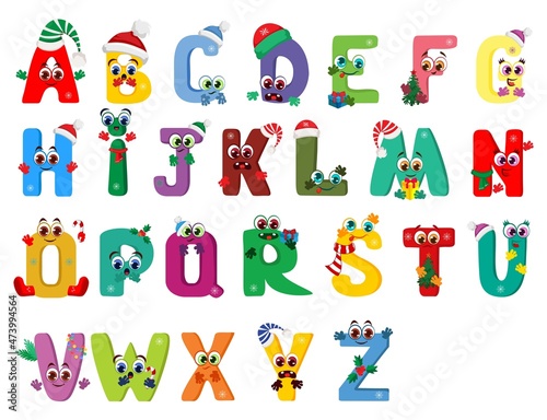 Cute Christmas Alphabet with faces and emotions