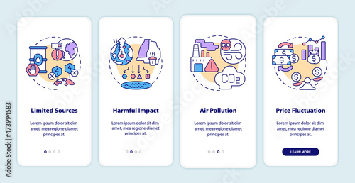 Nonrenewable energy disadvantages onboarding mobile app page screen. Power walkthrough 4 steps graphic instructions with linear concepts. UI, UX, GUI template. Myriad Pro-Bold, Regular fonts used