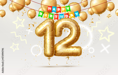 Happy Birthday 12 years anniversary of the person birthday, balloons in the form of numbers of the year. Vector