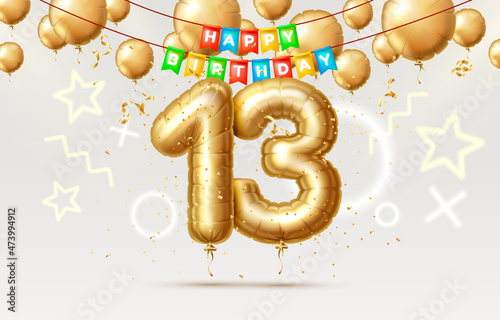 Happy Birthday 13 years anniversary of the person birthday, balloons in the form of numbers of the year. Vector photo