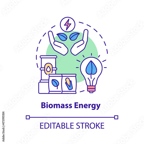Biomass energy concept icon. Natural renewable materials power abstract idea thin line illustration. Isolated outline drawing. Editable stroke. Roboto-Medium, Myriad Pro-Bold fonts used