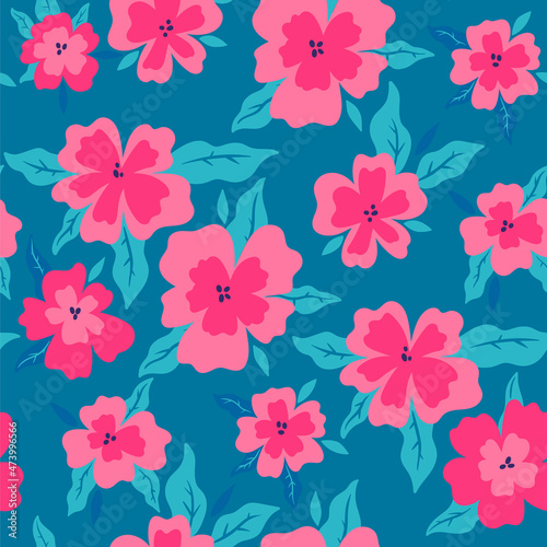 Seamless pattern with flowers and leaves. Vector graphics.