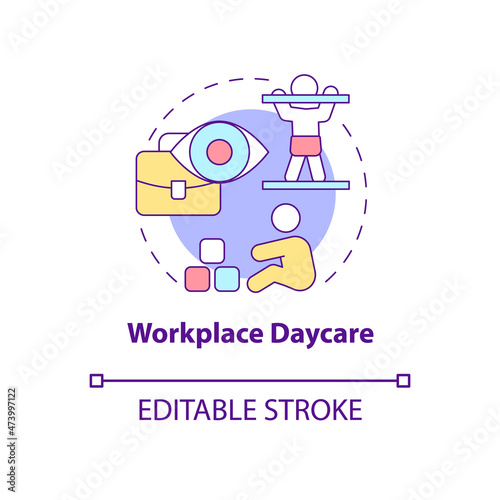 Workplace daycare concept icon. Employee childcare. Parents work perks abstract idea thin line illustration. Isolated outline drawing. Editable stroke. Roboto-Medium, Myriad Pro-Bold fonts used