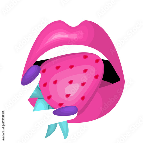 Womens enjoying  fresh strawberry. Open mouth, pink lips, eating berry. flat vector illustration.