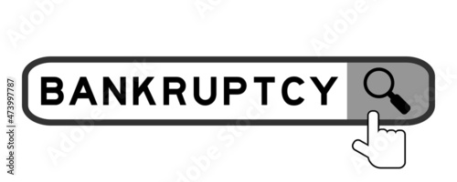 Search banner in word bankruptcy with hand over magnifier icon on white background