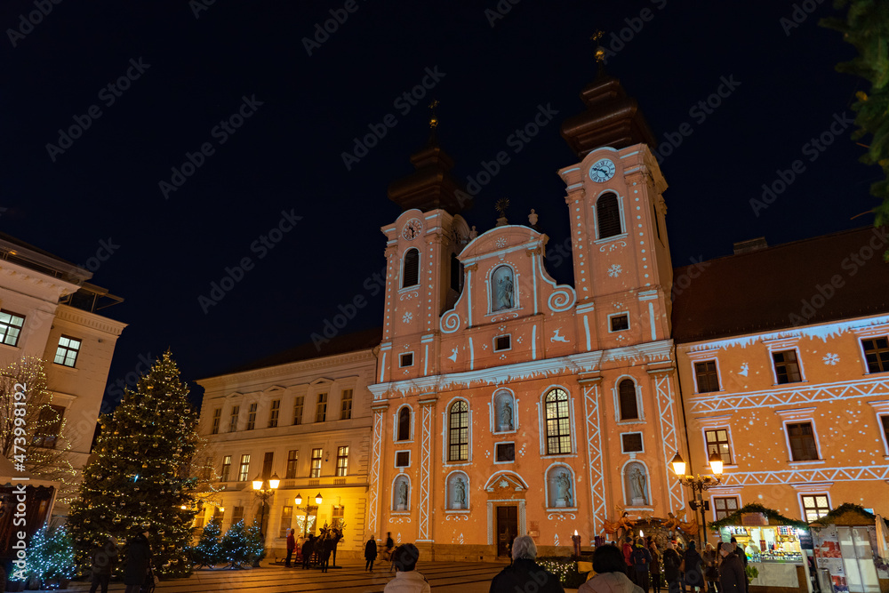 christmas market in Gyor Hungary with lights and people