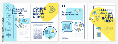 Employee recognition and rewarding brochure template. Booklet print design with linear icons. Vector layouts for presentation, annual reports, advertisement. Questrial-Regular, Lato-Regular fonts used