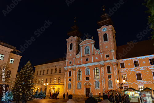 christmas market in Gyor Hungary with lights and people photo