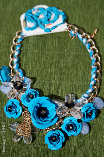 Beautiful blue beads. The concept of a beautiful, elegant life and beautiful decoration for woman photo