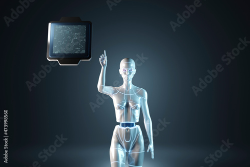 Three dimensional render of gynoid pointing at computer chip photo