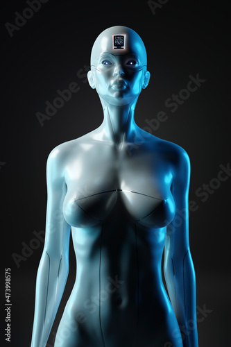 Three dimensional render of gynoid with computer chip inside its head photo