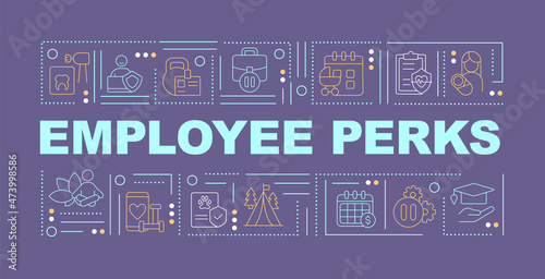 Employee bonuses word concepts banner. Benefits for staff. Infographics with linear icons on purple background. Isolated typography. Vector outline color illustration with text. Arial-Black font used