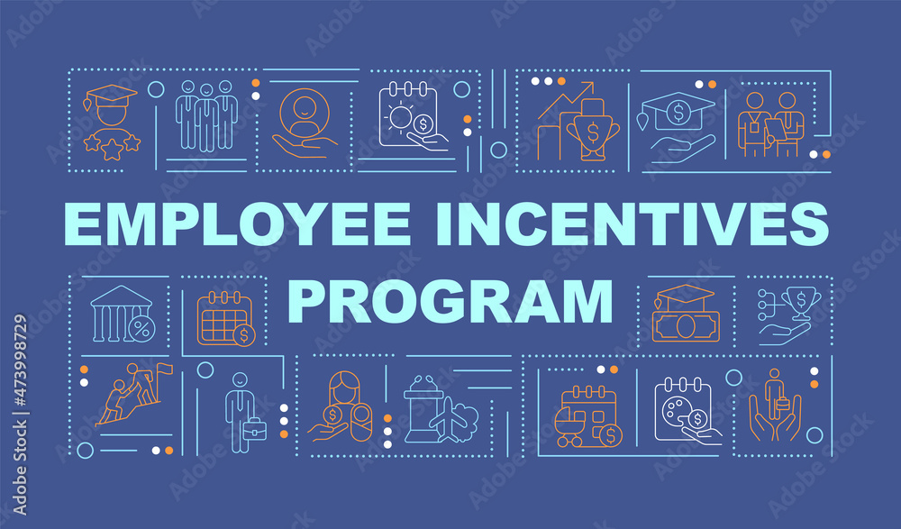Staff motivation program word concepts banner. Infographics with linear icons on blue background. Isolated typography. Vector outline color illustration with text. Arial-Black font used Staff motivation program word concepts banner. Infographics with linear icons on blue background. Isolated typography. Vector outline color illustration with text. Arial-Black font used