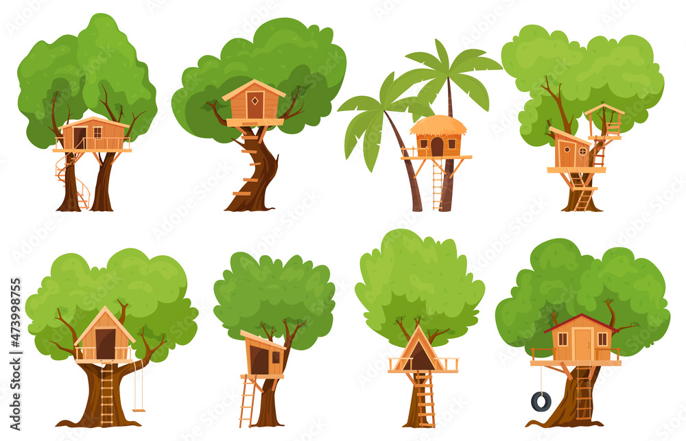 Green tree houses set vector flat illustration. Collection childish rural hut on woods trunks