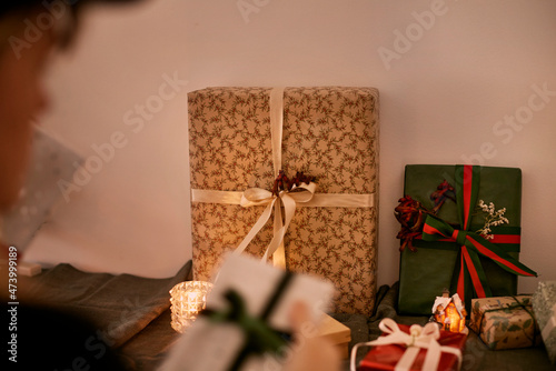 Wrapped and decorated Christmas presents photo