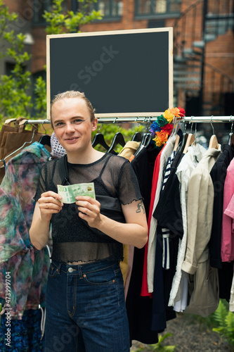 Young man at yard sale