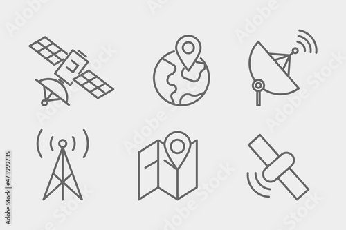 GPS satellite icon set. Outline thin line flat illustration. Isolated. 