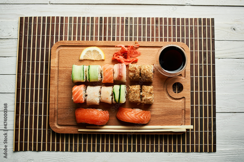 sushi set soy sauce chopsticks japanese cuisine traditional food